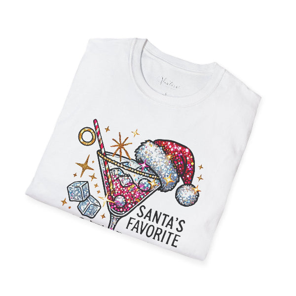 White t-shirt with a festive cocktail graphic and 'Santa's Favorite' text on a white background