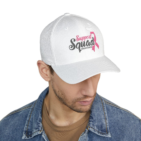 White cap with 'Support Squad Breast Cancer' text and pink ribbon on a white background