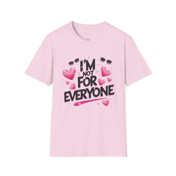 Pink t-shirt with text 'I'm not for everyone' and hearts on a white background
