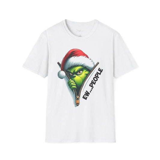 White t-shirt with a graphic of a character wearing a Santa hat and 'EW... PEOPLE' text on a white background