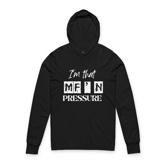 Black hoodie with white text on a white background