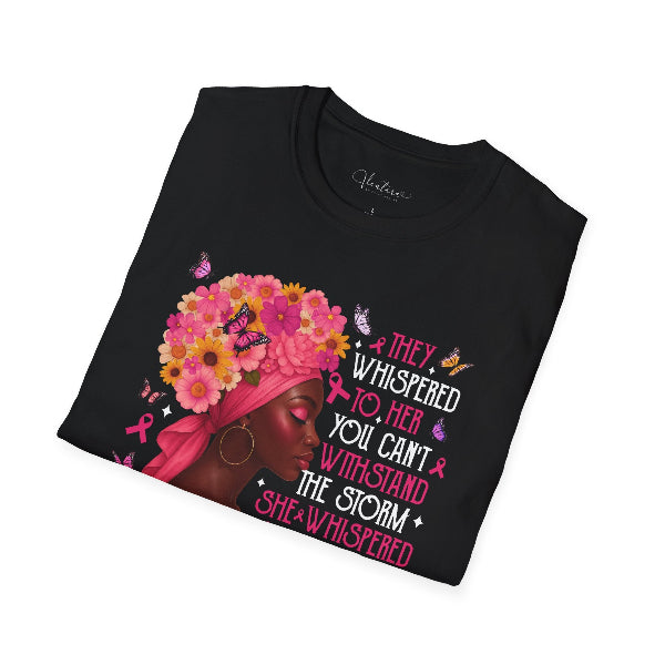 Black t-shirt with a graphic of a woman wearing a headscarf with flowers and text on a white background