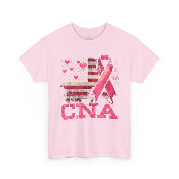 Pink t-shirt with a ribbon and 'CNA' text on a white background