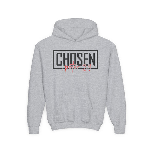 Gray hoodie with 'CHosen' text on a white background