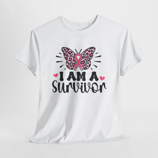 White t-shirt with a pink ribbon and butterfly design on a white background