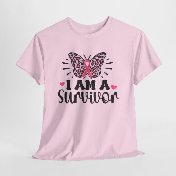 Pink t-shirt with 'I am a survivor' design featuring a butterfly and pink ribbon on a white background