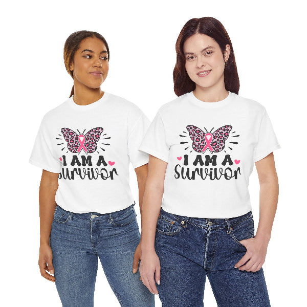Two women wearing white t-shirts with 'I am a survivor' design on a white background