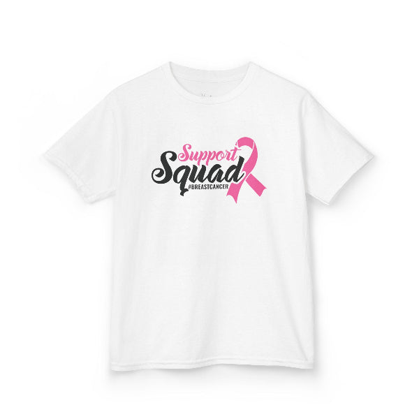 White t-shirt with 'Support Squad' and pink ribbon design on a white background