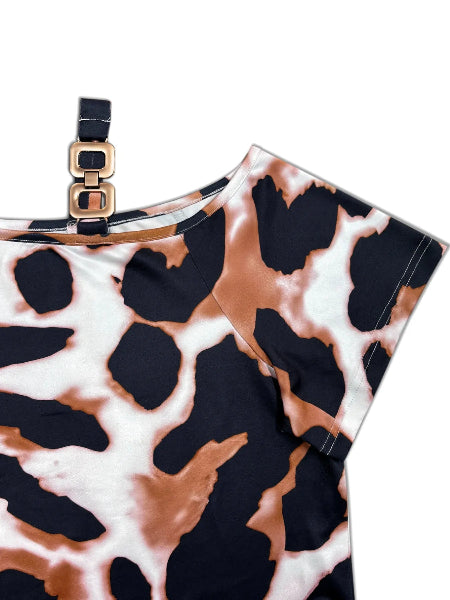 Leopard print dress with a gold and black strap on a white background