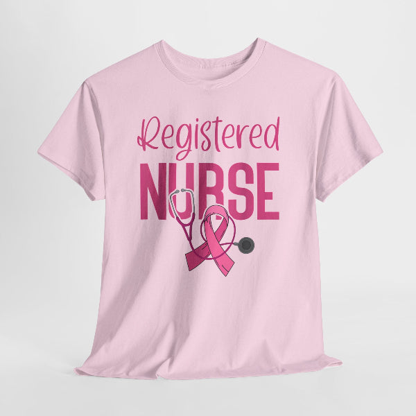 Pink t-shirt with 'Registered Nurse' text and a stethoscope graphic on a white background