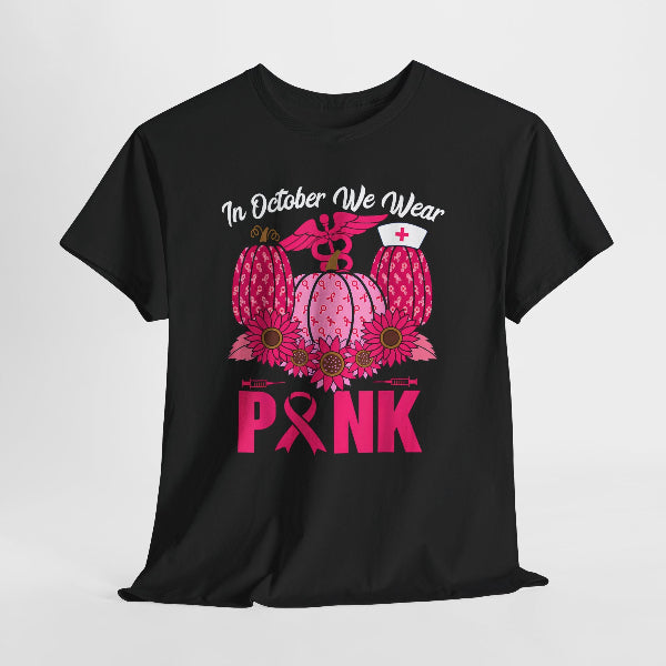 Black t-shirt with pink graphics and text on a white background