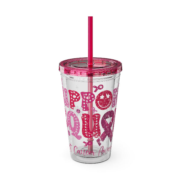 Pink tumbler with 'Support' and breast cancer awareness ribbons on a white background