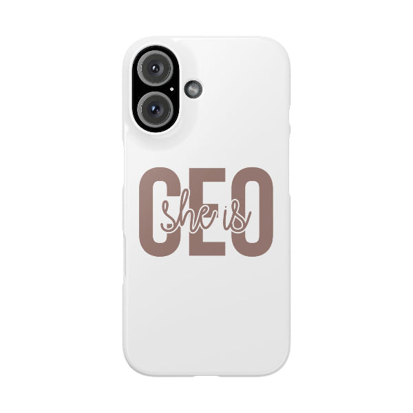 Phone case with 'She is CEO' text on a white background