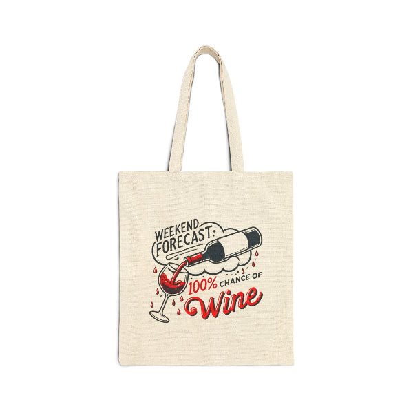 Beige tote bag with wine-themed design and text on a white background
