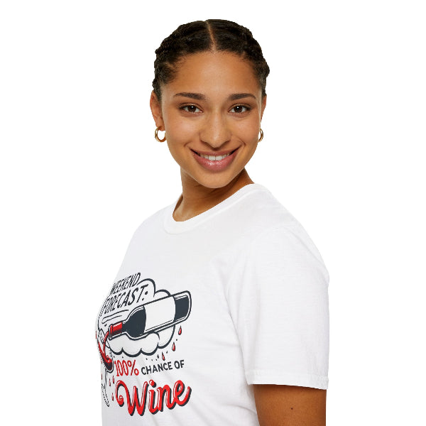Person wearing a white t-shirt with a graphic design on a white background