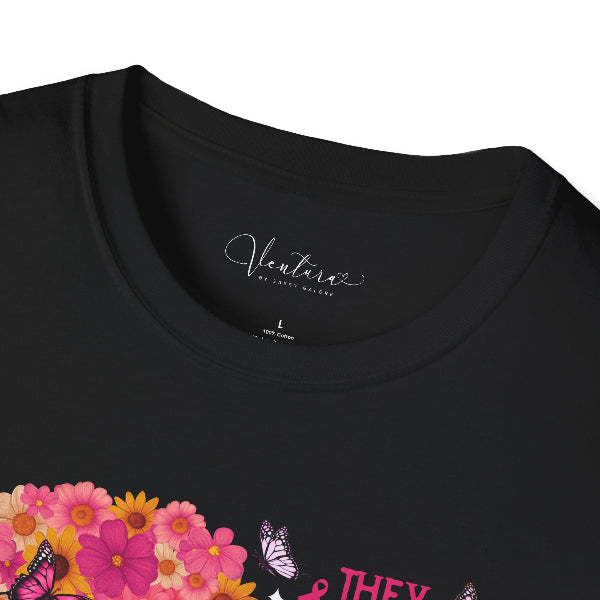 Black t-shirt with floral design and 'VENTURA' branding on a white background