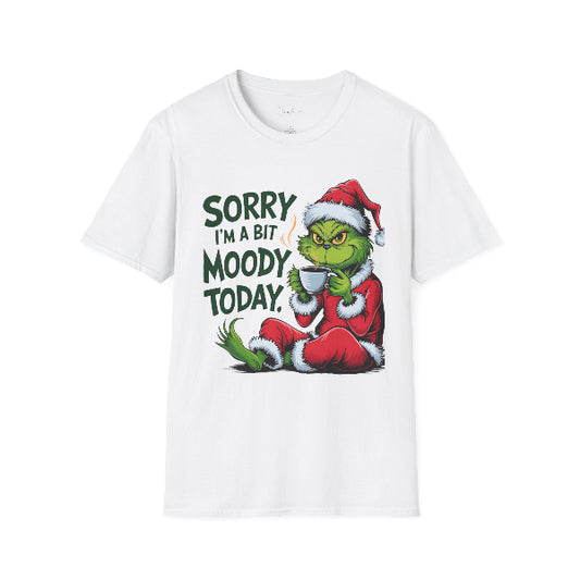 White t-shirt with Grinch graphic and text 'Sorry I'm a bit moody today' on a white background