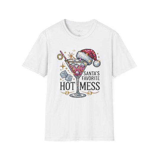 White t-shirt with a festive design featuring a martini glass and text on a white background