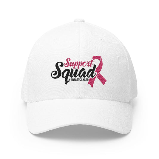 White cap with 'Support Squad Breast Cancer' text and pink ribbon on a white background