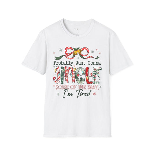 White t-shirt with Christmas-themed text and graphics on a white background