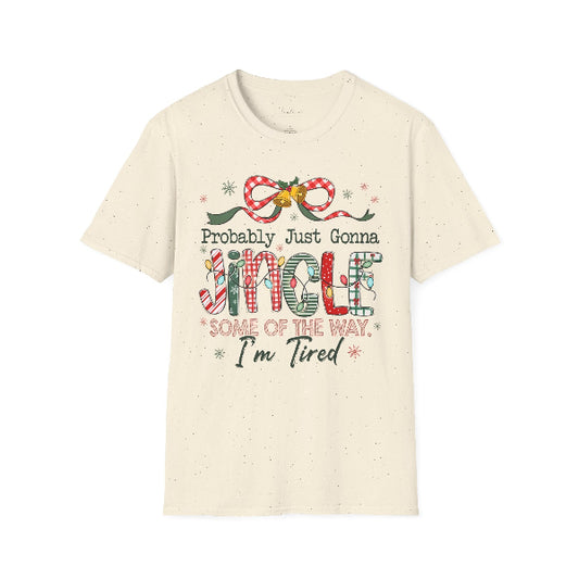 Beige t-shirt with Christmas-themed text and graphics on a white background