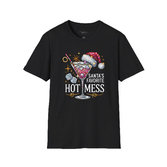Black t-shirt with a festive design featuring a cocktail and Santa's hat on a white background