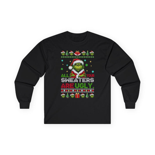 Black long-sleeve shirt with Christmas-themed design on a white background
