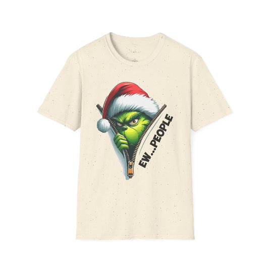 Beige t-shirt with a graphic of a character wearing a Santa hat and 'EW... PEOPLE' text on a white background