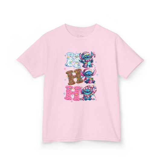 Pink t-shirt with cartoon characters and text on a white background