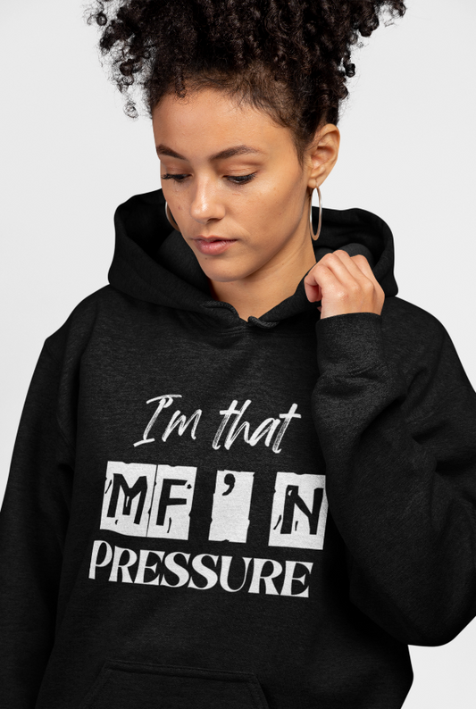 Person wearing a black hoodie with text design on a plain background