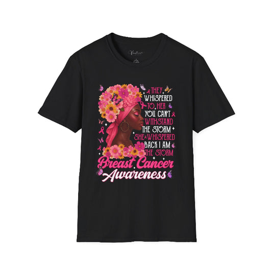 Black t-shirt with breast cancer awareness design featuring a woman with flowers and text.