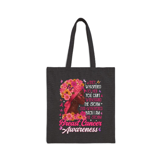 Black tote bag with breast cancer awareness design featuring a floral headwrap and text.