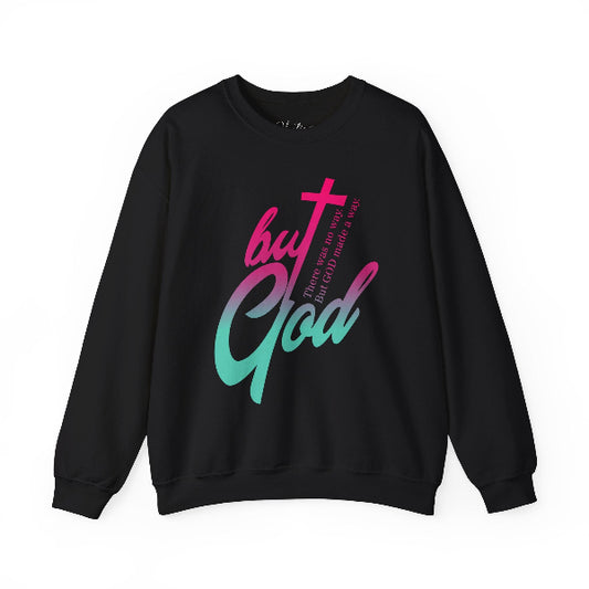 Black sweatshirt with colorful text design on a white background