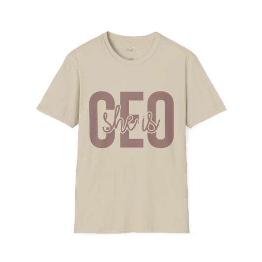 Beige t-shirt with 'She is CEO' text on a white background