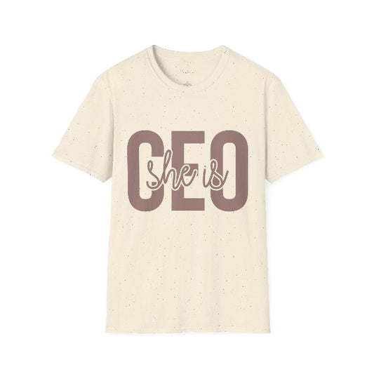 Beige t-shirt with 'CEO she is' text on a white background