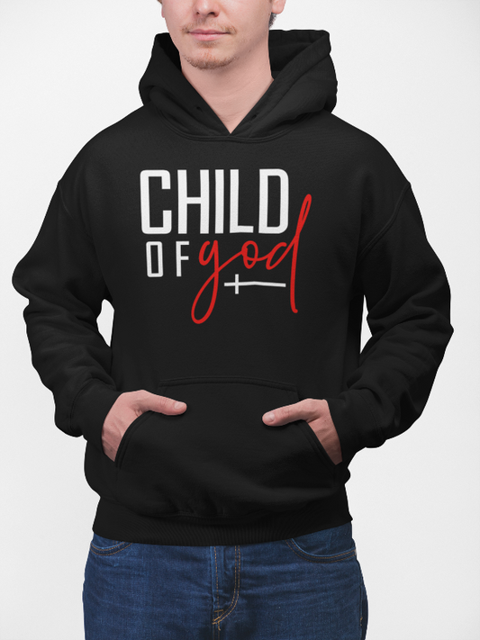 Person wearing a black hoodie with 'Child of God' text on a white background