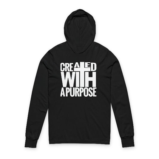 Black hoodie with 'CREATED WITH A PURPOSE' text on a white background