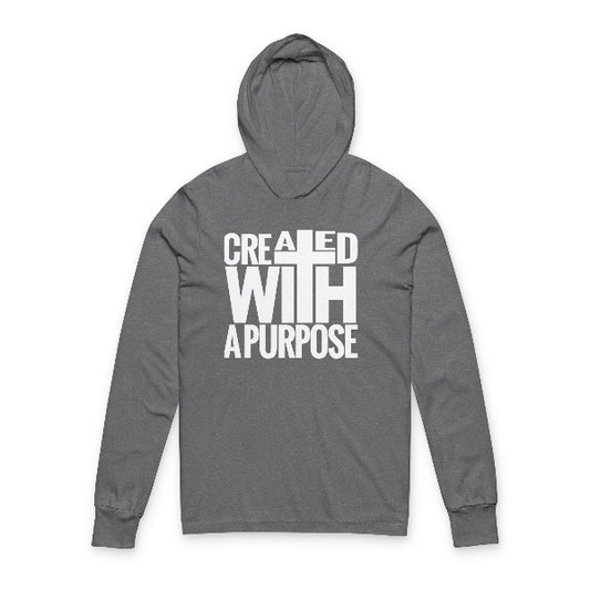 Gray hoodie with 'CREATED WITH A PURPOSE' text on a white background