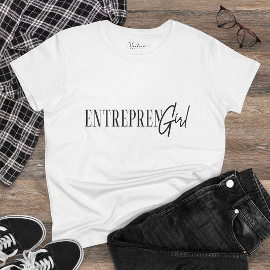 White t-shirt with 'ENTREPREN Girl' text on a wooden surface with jeans, sneakers, and a plaid shirt.