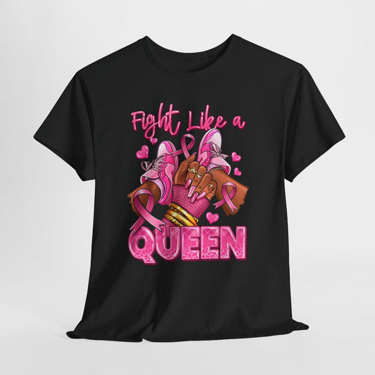 Black t-shirt with pink graphic and text 'Fight Like a Queen' on a light gray background