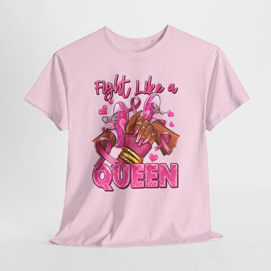 Pink t-shirt with 'Fight Like a Queen' design featuring a heart and ribbon on a white background
