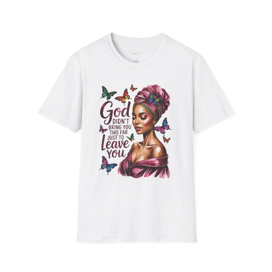 White t-shirt with a graphic of a woman, butterflies, and text on a white background
