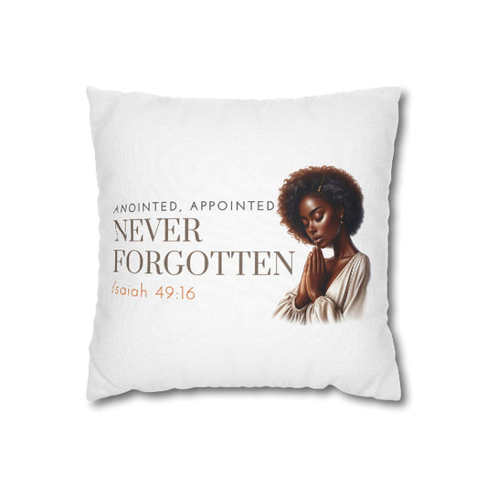 White pillow with a woman's portrait and text on a white background