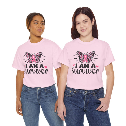 Two women wearing pink 'I AM A SURVIVOR' t-shirts with a butterfly and pink ribbon design.