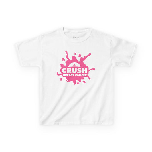 White t-shirt with pink 'CRUSH BREAST CANCER' graphic design on a white background