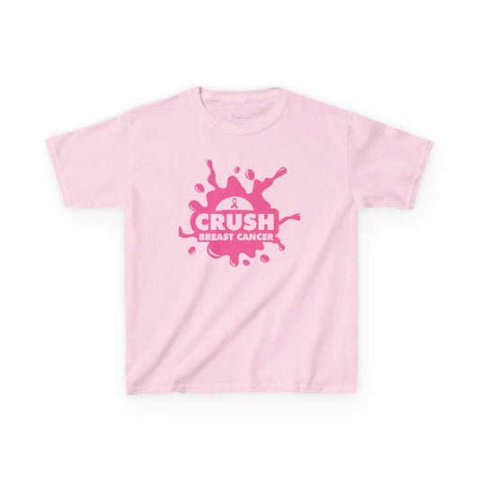 Pink t-shirt with 'Crush Breast Cancer' design on a white background