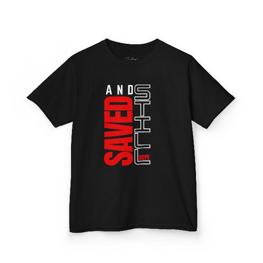 Black t-shirt with red and white text on a white background
