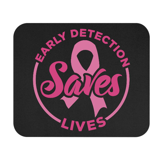 Black mouse pad with pink breast cancer awareness ribbon and text on a white background
