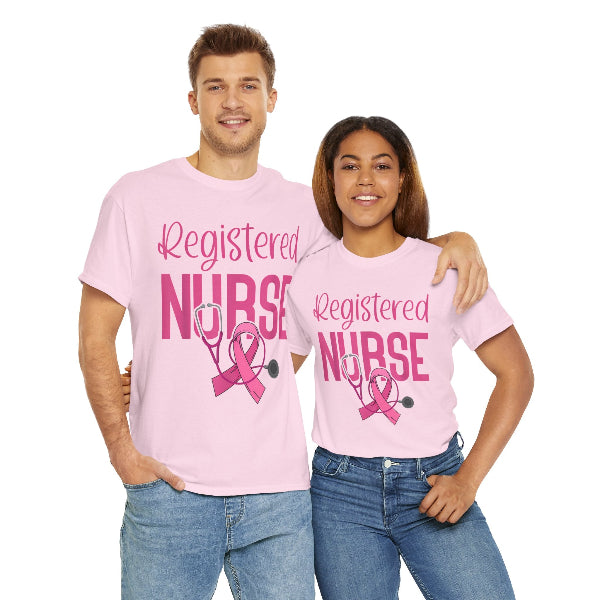 Two people wearing pink 'Registered Nurse' t-shirts with a pink ribbon design on a white background.