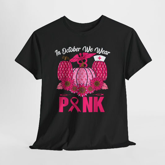 Black t-shirt with pink graphics and text on a white background